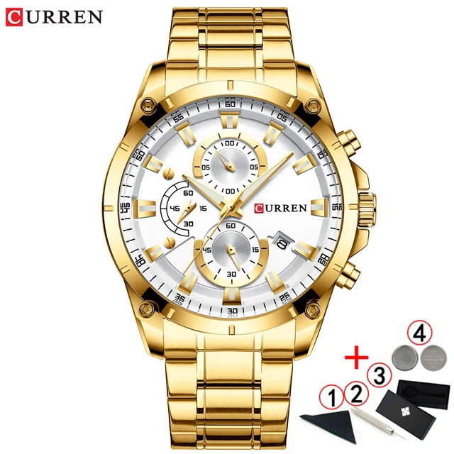 gold-add-box Мужские часы Curren от ведущего бренда, роскошные мужские наручные часы с хронографом, кварцевые спортивные часы синего золота для мужчин - Цвет: gold-add-box