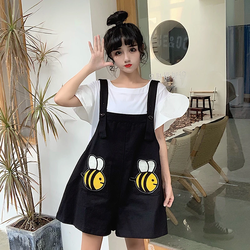 

Black Jumpsuits Summer Casual Women's Flare Sleeve Blouses Tops And Bees Loose Cartoon Appliques Playsuits 2 Piece Set CC321