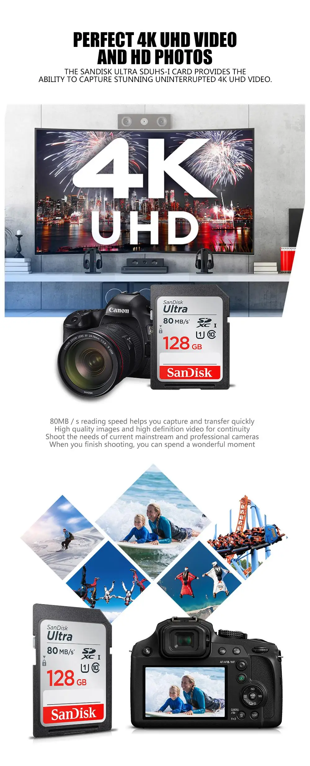 Двойной Флеш-накопитель SanDisk SD карты Ультра Макс 80 МБ/с. чтения Скорость 64 Гб 128 ГБ оперативной памяти, 16 Гб встроенной памяти, 32 ГБ, класс скорости 10 карт памяти UHS-I SDHC/SDXC Для Камера видео
