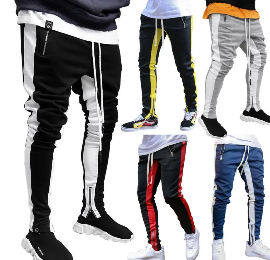 

Hip Hop Fitness Men Pants Streetwear Leg Zipper Side Stripe Pocket Sweatpants New Ankle Length Male jogging