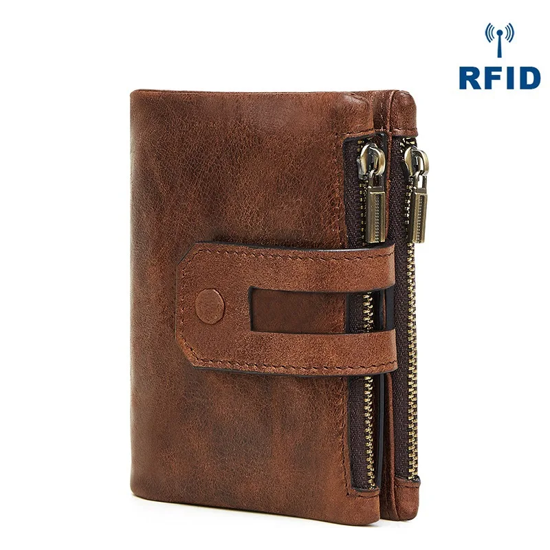 

Men's Wallet Genuine Leather RFID Blocking Purse Short Coin Case Double Zipper Credit Card Holder Retro Money Clip For Male