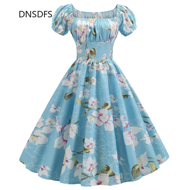 Summer 50S 60S Hepburn Celebrity Midi Dress Vintage Square Neck Floral Print Women White Blue Big Swing Slim Party Dresses | Женская
