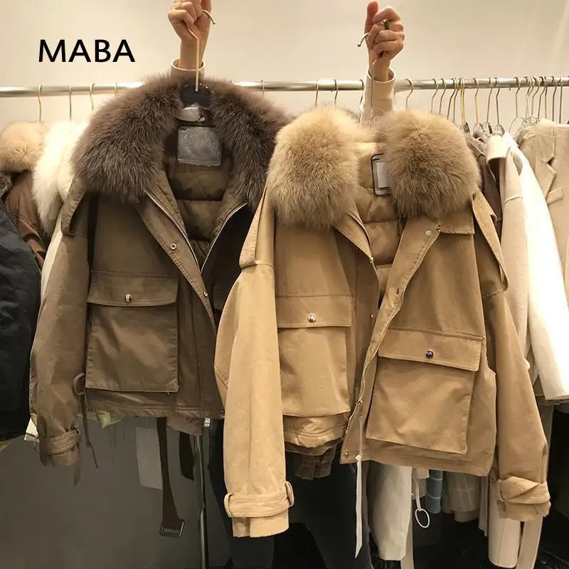 Женский пуховик из натурального Лисьего меха короткий свободный на 2021 белом