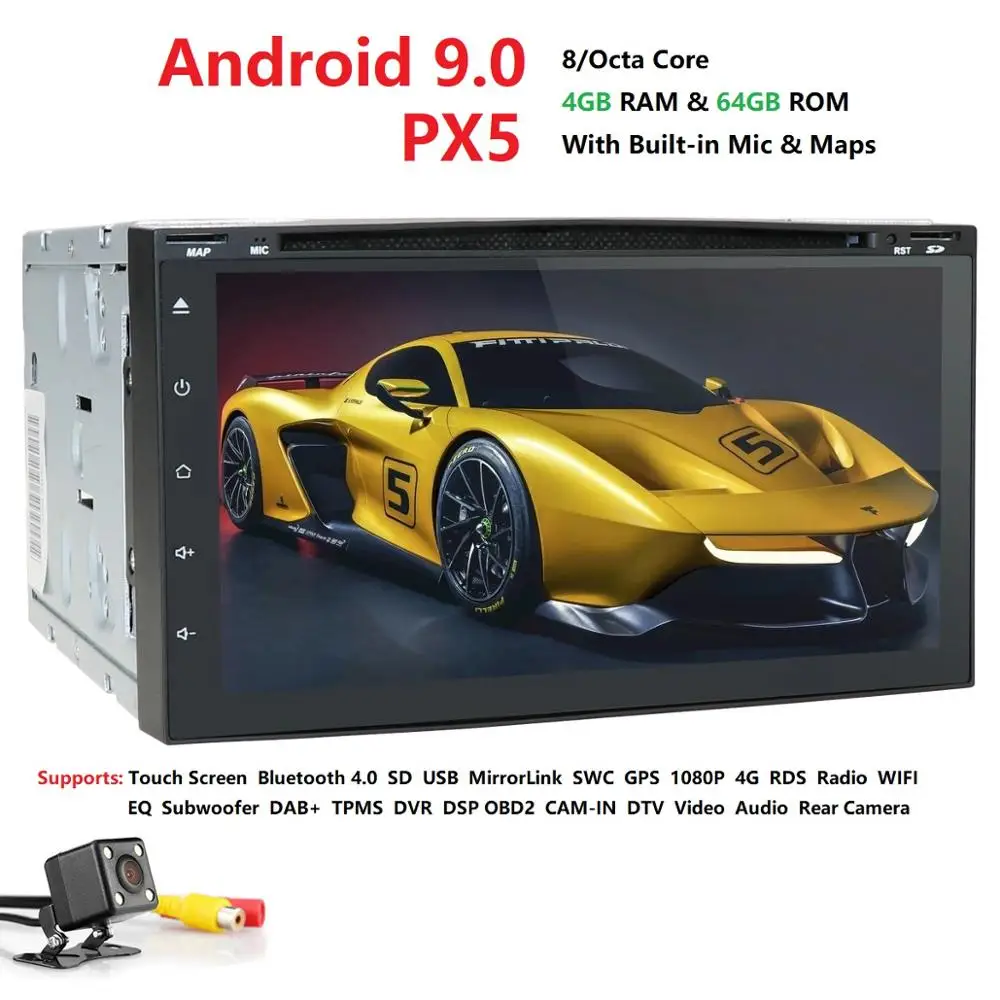 HD 800*480 экран OctaCore 4G RAM + 64G ROM 2DIN Универсальное автомобильное радио gps Android9.0 с wifi