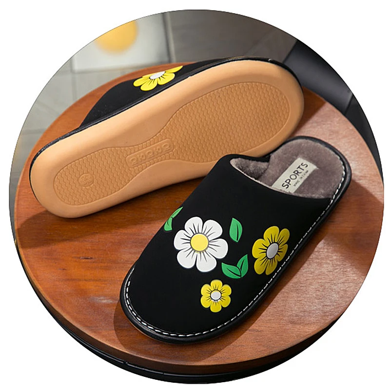 Зимние новые теплые домашние тапочки с цветочным принтом женская напольная