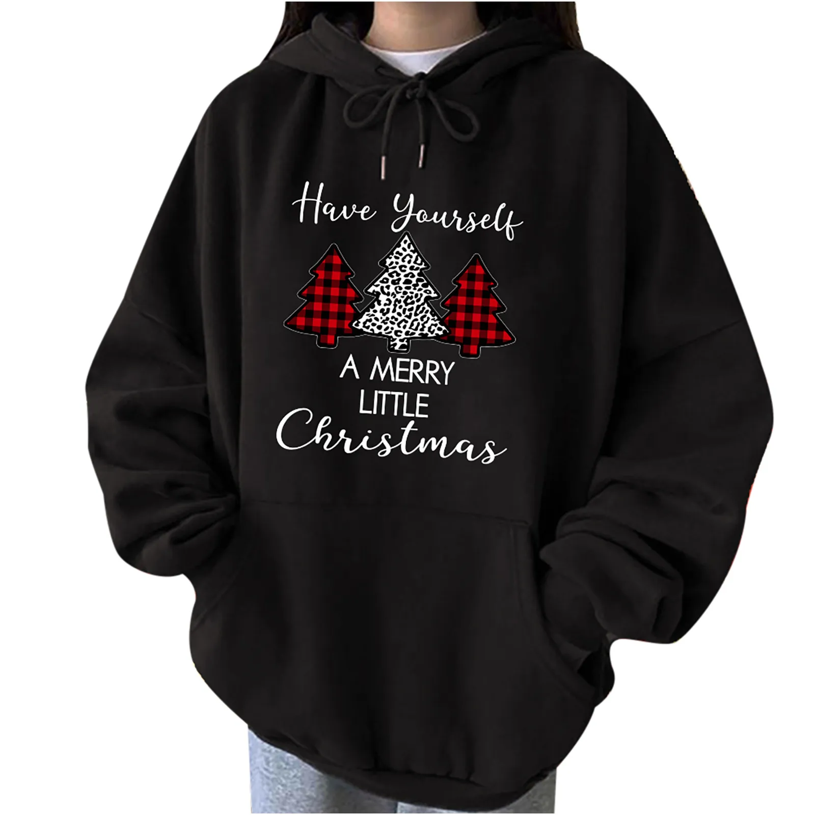 

Женская толстовка с рождественским принтом и карманами, свободная толстовка с открытыми плечами, свитер в стиле Харадзюку, унисекс толстов...