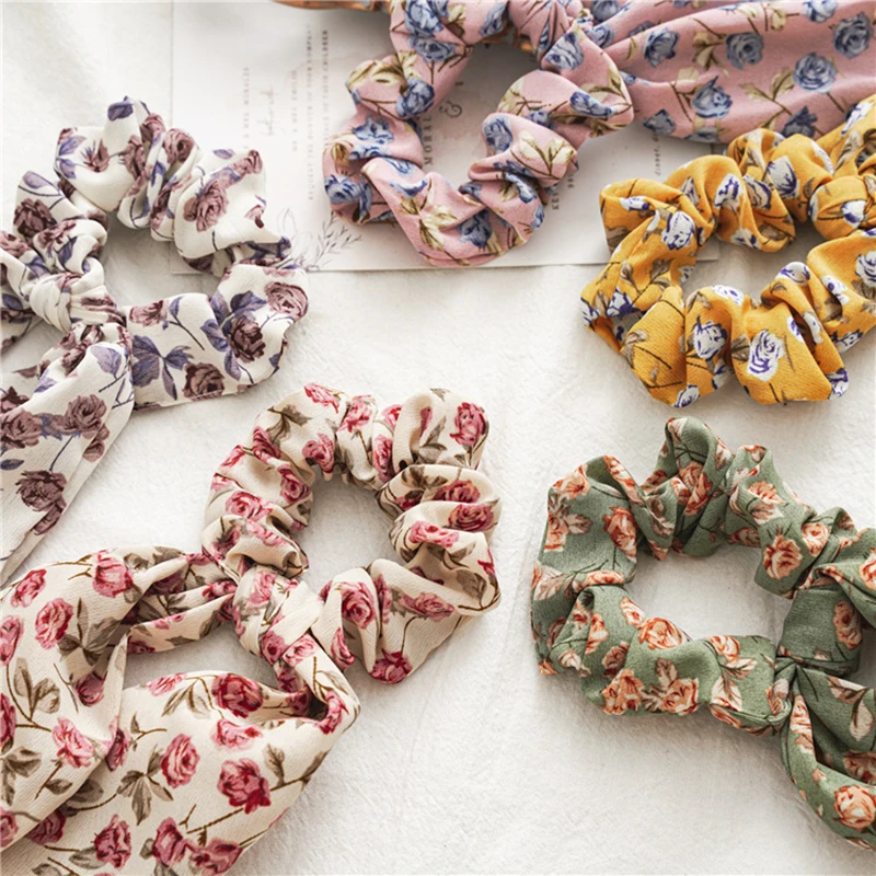 1Pcs Knotted Hair Rope Ties Scarf Korean Scrunchies Long Ribbon Floral Print Big Rose Flower Accessories |