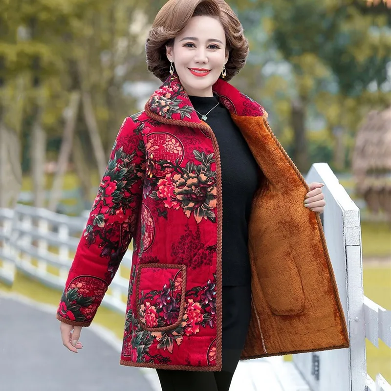 

Women Plus Velvet Thicken Parker Coat Fashion Printi Mother Wear Warm Quilted Jacket New Elegant Winter Jacket Outewear Female