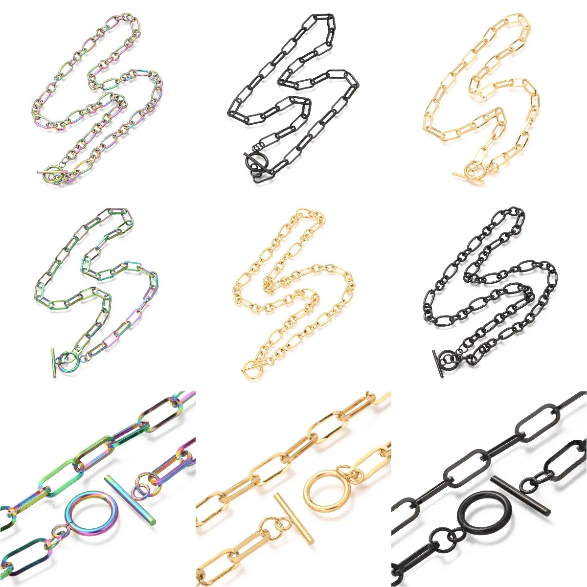 

10Pcs Minimalist Stainless Steel PaperClip Cable Figaro Chain Necklace With Toggle OT Clasp For Women Men Party Jewelry Gift