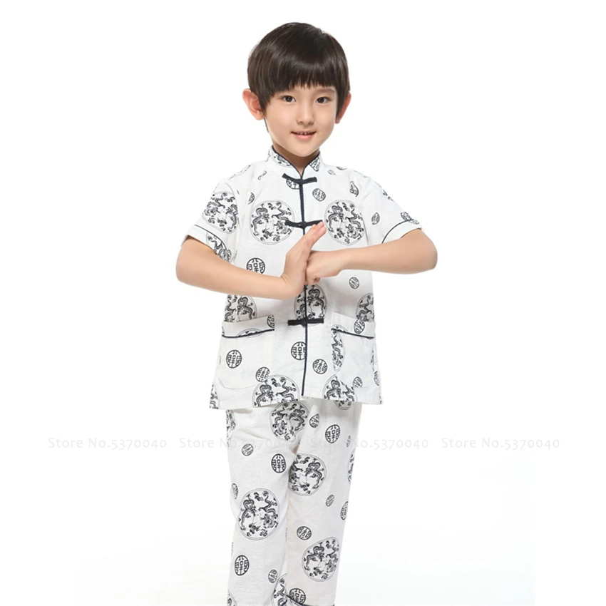 Традиционный китайский костюм Тан льняная футболка ханьфу для мальчиков свободные штаны детские топы с ушу