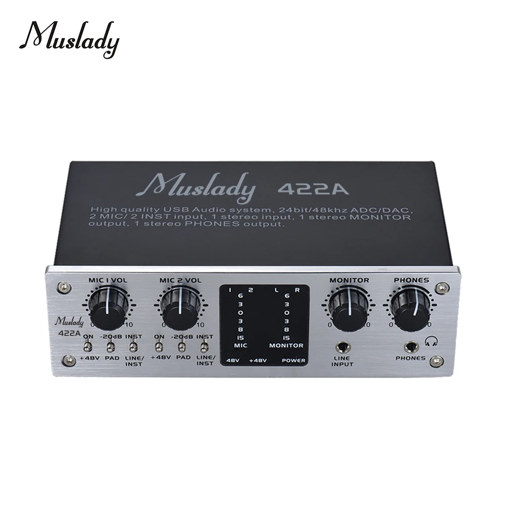 

Muslady 422A 4-Channel USB Audio System Interface External Sound Card +48V phantom power DC 5V Power Supply With USB Cable