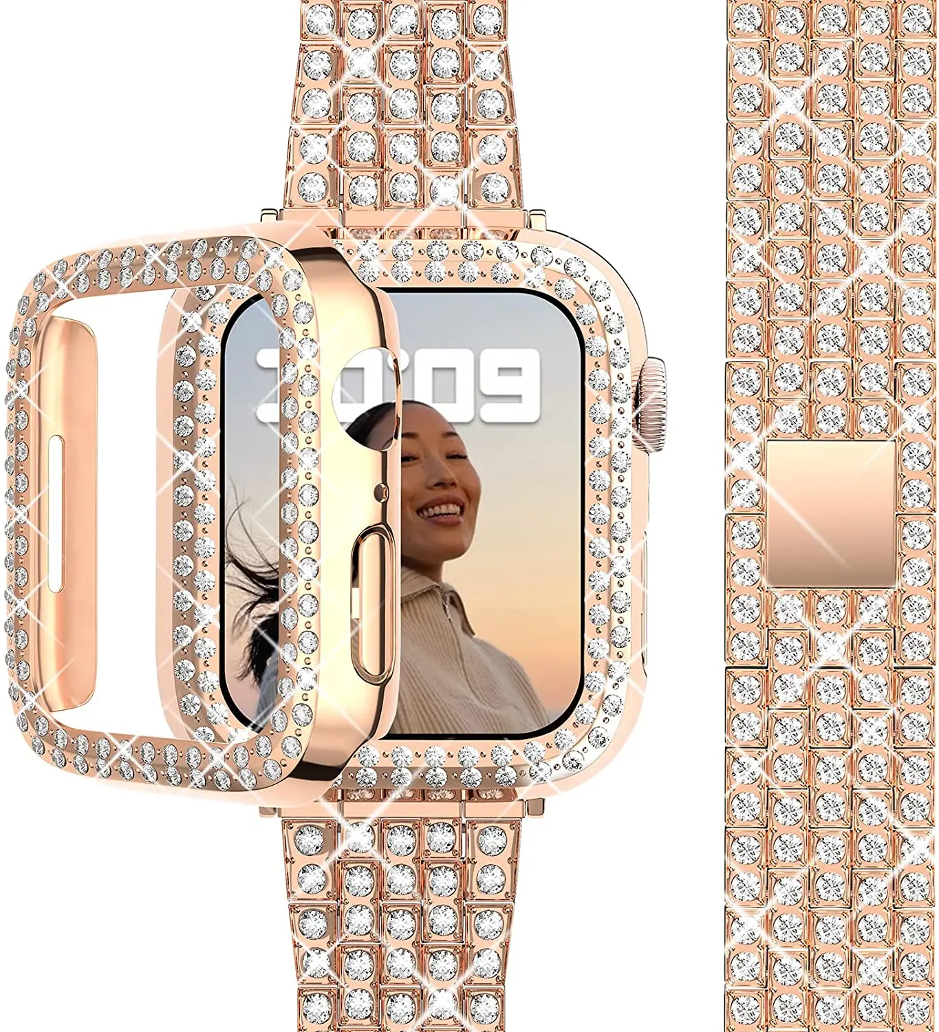 

Case+Diamond strap for Apple watch band 44mm 40mm 41mm 45mm correa 42mm 38mm Metal bracelet smart iWatch Series 7 3 4 5 6 se