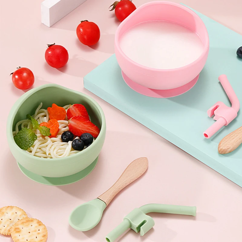 Taz&oacute;n de alimentaci&oacute;n de beb&eacute; de silicona, vajilla impermeable, cuchara, vajilla antideslizante, platos de silicona sin BPA para plato de beb&eacute;-1