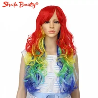 synthetic long wavy cosplay wig ombre red blue purple hair deep wave wig with bangs lolita wig for women black hair wig