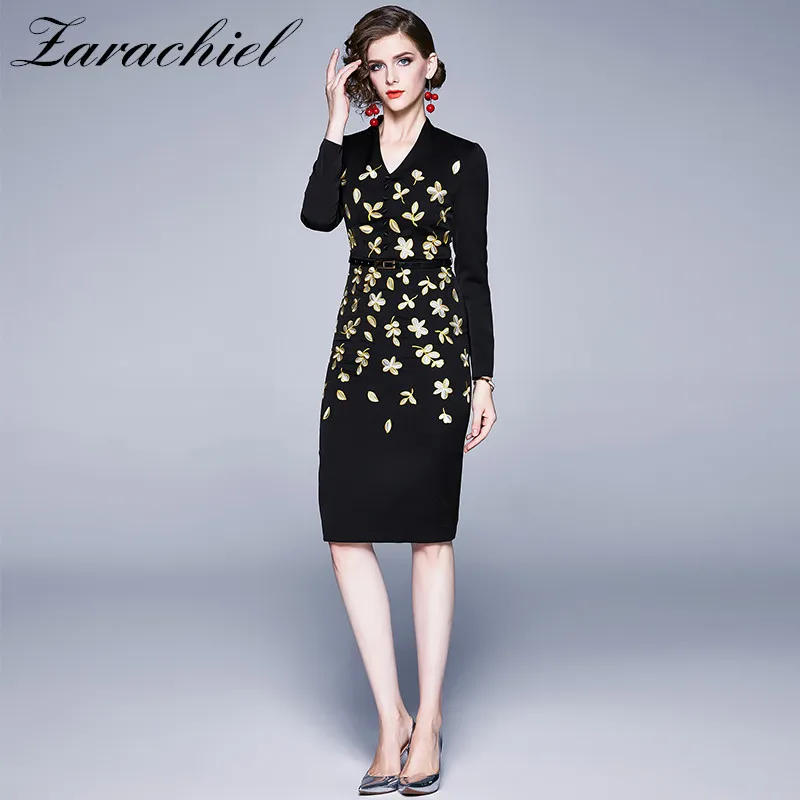 Женское Деловое платье с цветочной вышивкой элегантное облегающее миди для