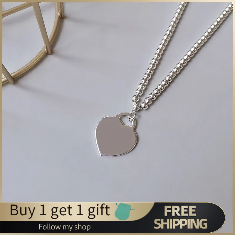 

Love Heart Necklaces 925 Sterling Silver Round Bead Necklace Sweater Chains Original 1:1 Fashion High Quality Jewelry Gift