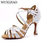 Туфли WUXIJIAO женские для латинских танцев, атласные, блестящие, для сальсы, стразы, Обувь для бальных танцев, серебристые, серые