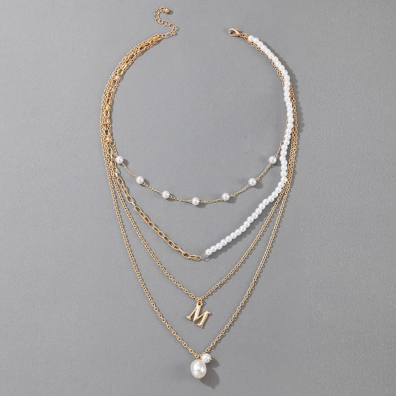 

Fashion Gold Color Chain Letter M Pendant Necklace for Women Wedding Banquet Jewelry Multilayer Pearl Chokers Necklace Collier