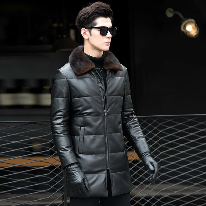 Мужская зимняя куртка из натуральной кожи на утином пуху с меховым воротником