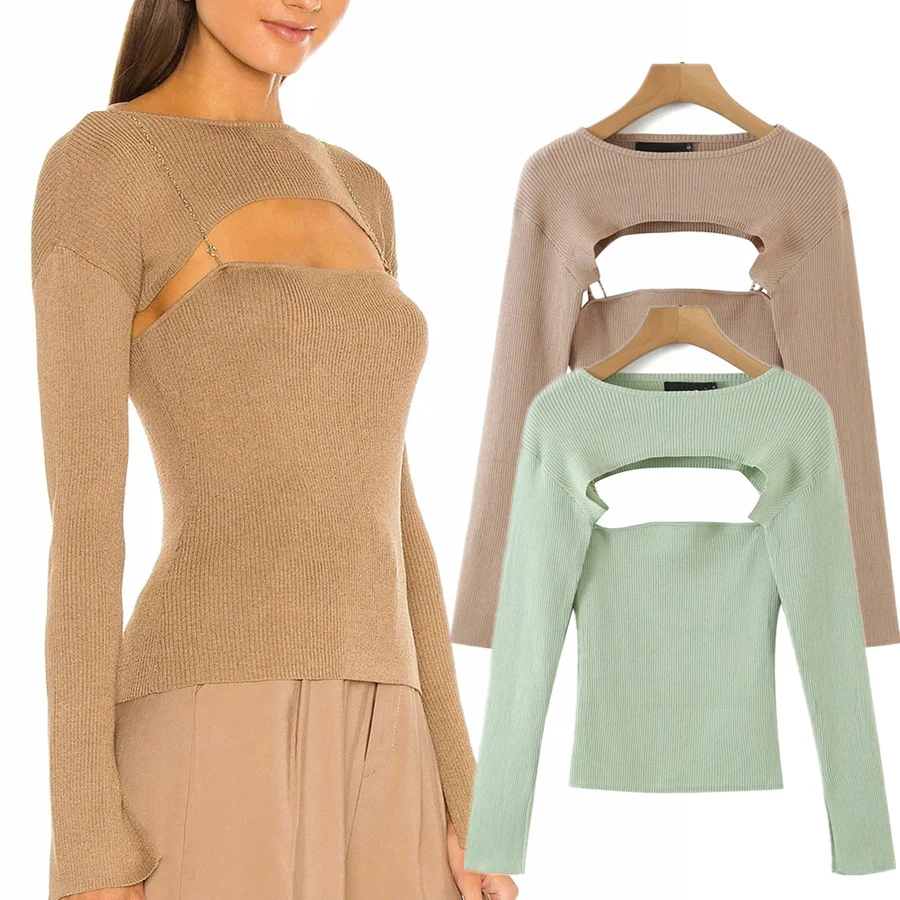 

Maxdutti Sweaters Women England High Street Pull Femme Vintage Knitted Camisole Sexy Short Sweaters Women Pullovers Fake Sets
