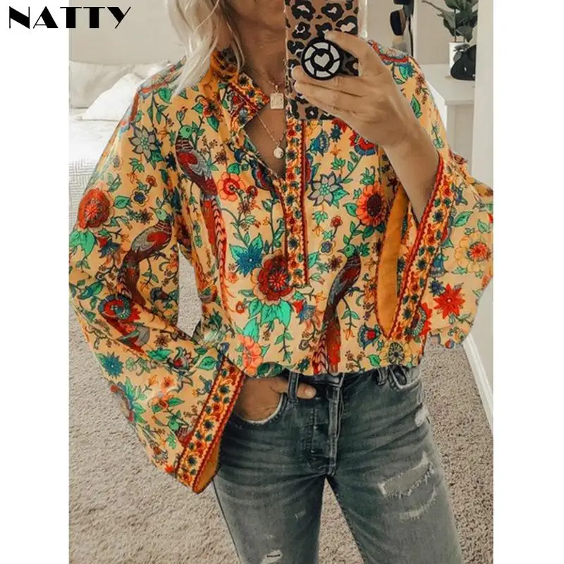 

Vintage Blouse Women Boho Printed Casual Loose Long Sleeve V-neck Shirt Vintage Streetwear Plus Size Clothing Spring Autumn
