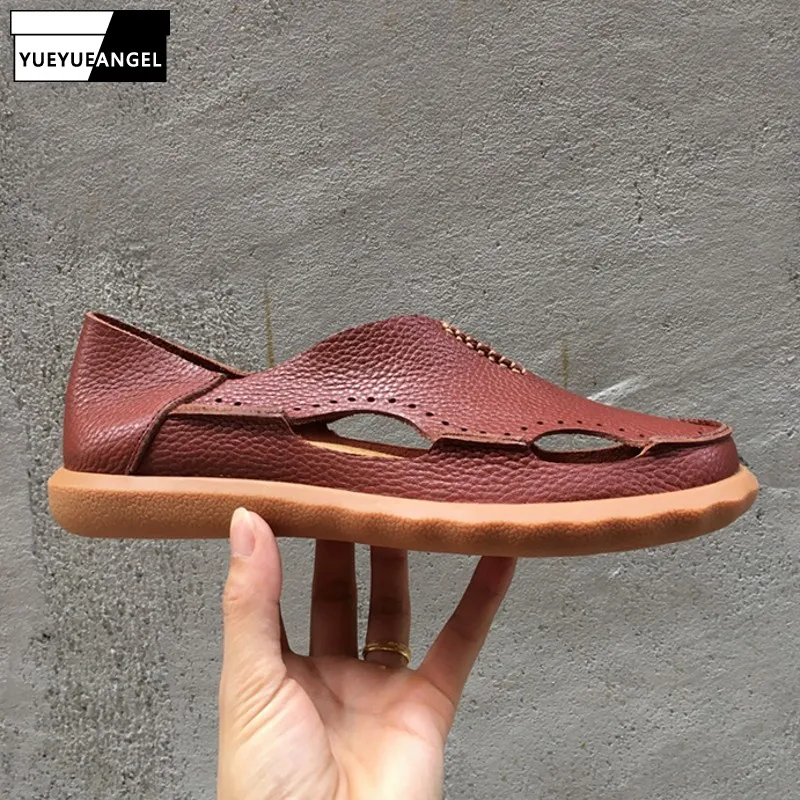 

Summer New Mens Korean Style Hollow Out Fashion Sandals Concise Casual Solid Vintage Slip-On Outdoor Male Leather Shoe