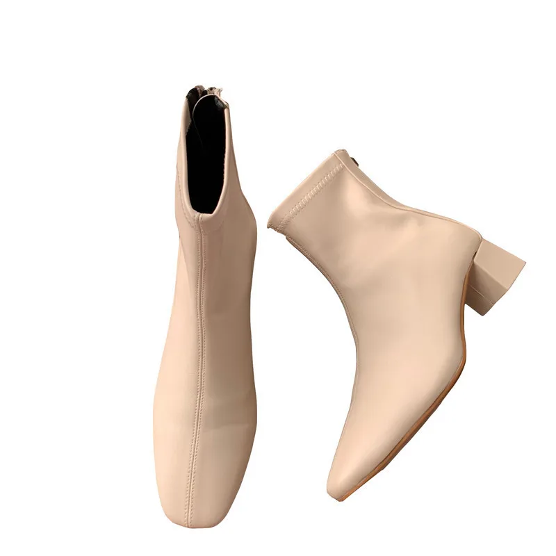 

GOOHOJIO 2020 New Mid Heel Solid Color Square Heel Women Boots Autumn All-match Zipper Boots Ladies Round Toe Ankle Boots Women
