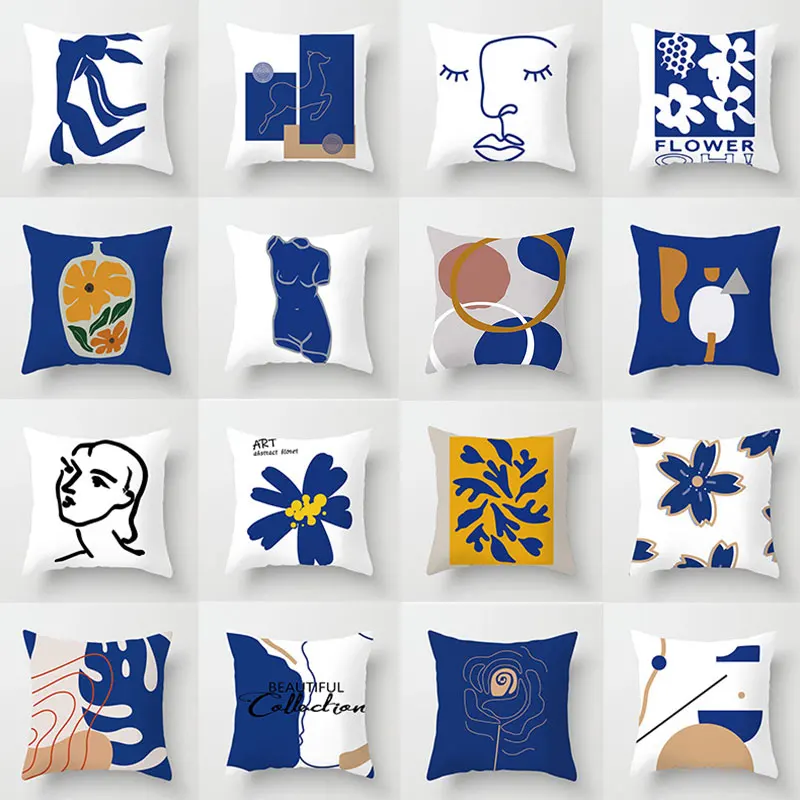 

Blue Nordic Simple Abstract Line Drawings Cushion Cases Morandi Decorative Pillows Case Modern Livingroom Sofa Throw Pillow 1Pc