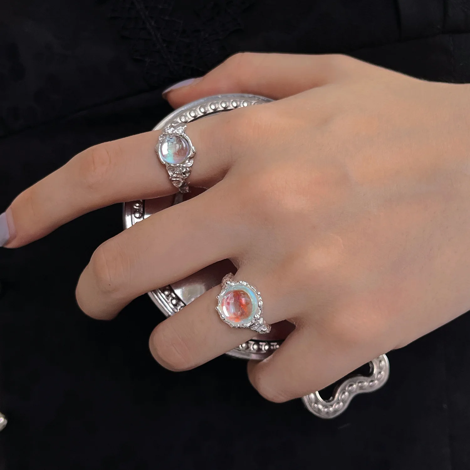 

OE Moonstone Irregular Personality Fashion Design Feeling Cool Finger Ring Woman jewelry