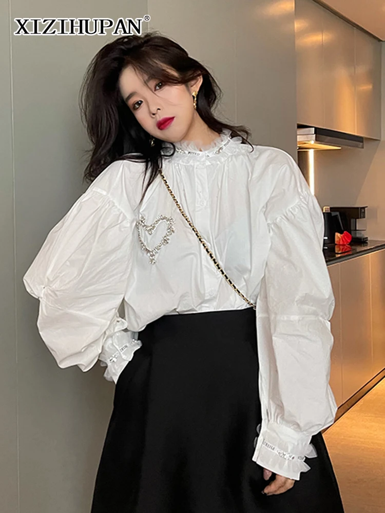 

XIZIHUPAN Sweet White Patchwork Heart Diamond Shirt For Women Stand Collar Long Sleeve Loose Fashion Blouse Female 2021 Clothing