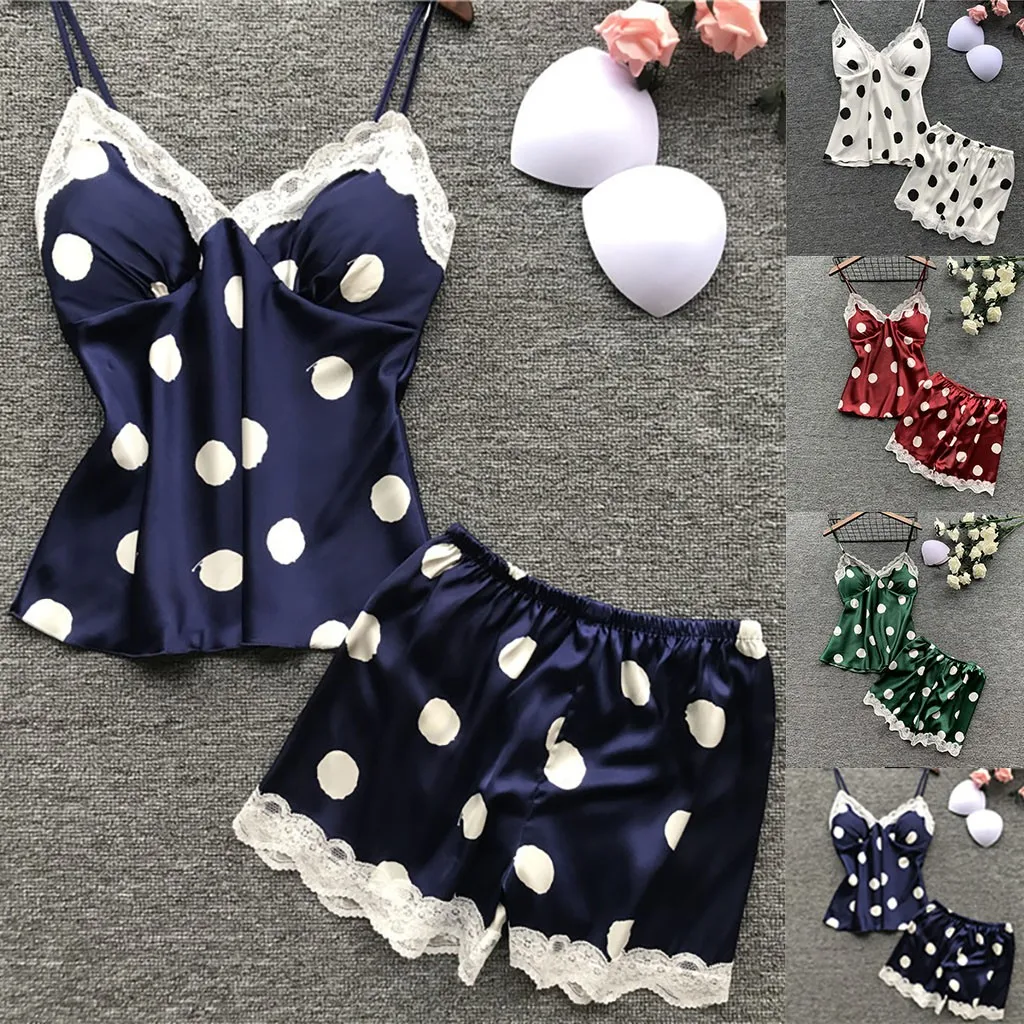 

Sexy lace imitation silk pajamas satin underwear lace suspender pajamas vest polka dot printing pajamas Q6