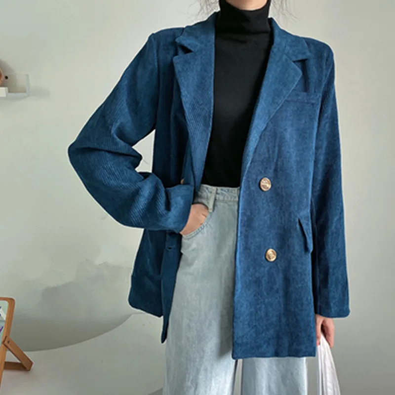 

2021 Corduroy Double Breasted Oversized Blazer Jacket Women Loose Office Lady Suit Blazer Coat Korean Chic Solid Outwear