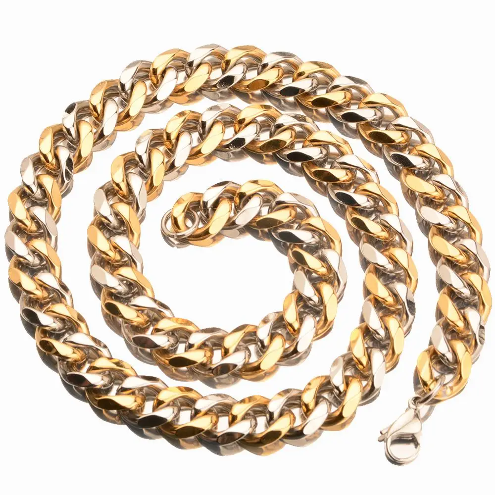 10/12/15/17/19mm Wide Cool Biker Men Stainless Steel Polishing Gold Curb Cuban Link Chain Bracelet or Necklace 7-32inch | Украшения и