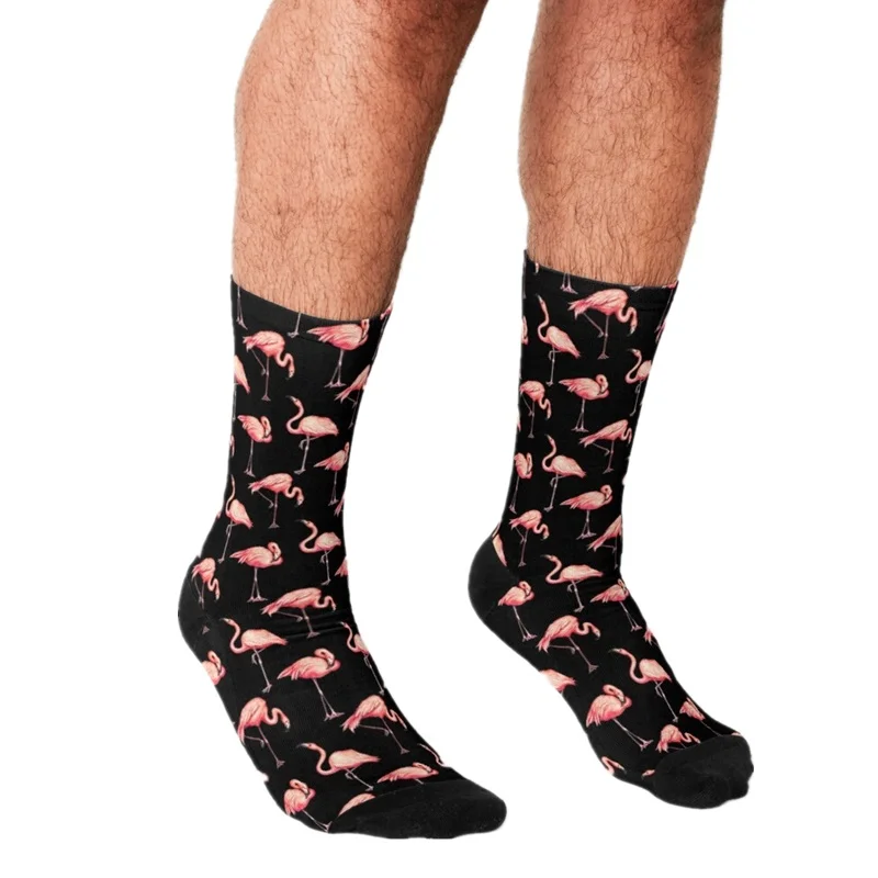 

2021 Funny Socks Men harajuku Flamingo Pattern - Black Printed Happy hip hop Men Socks Novelty Skateboard Crew Casual Socks