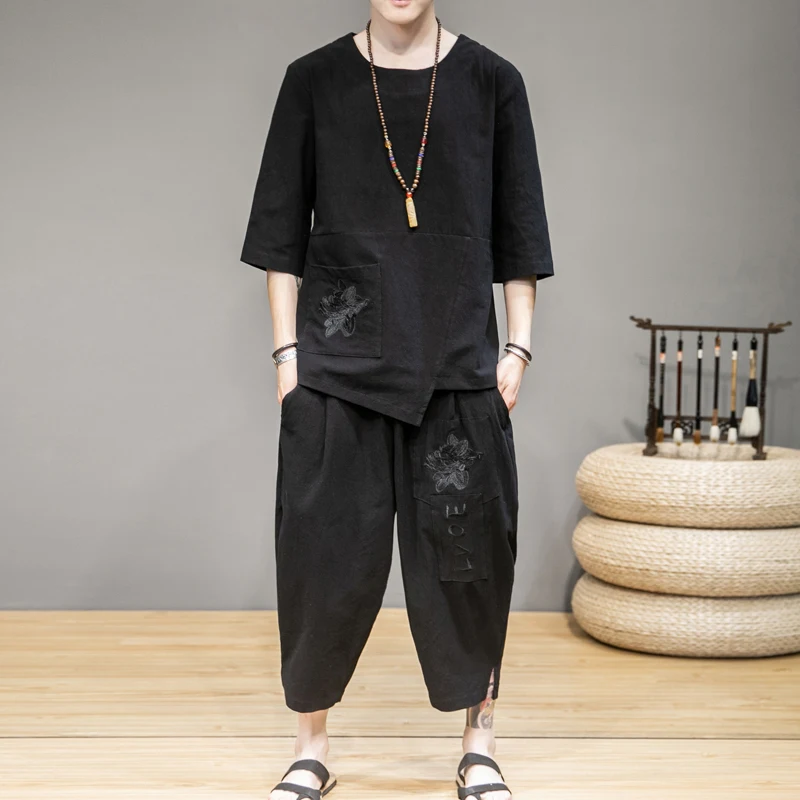 Японское кимоно с вышивкой Мужская одежда брюки футболка коротким рукавом