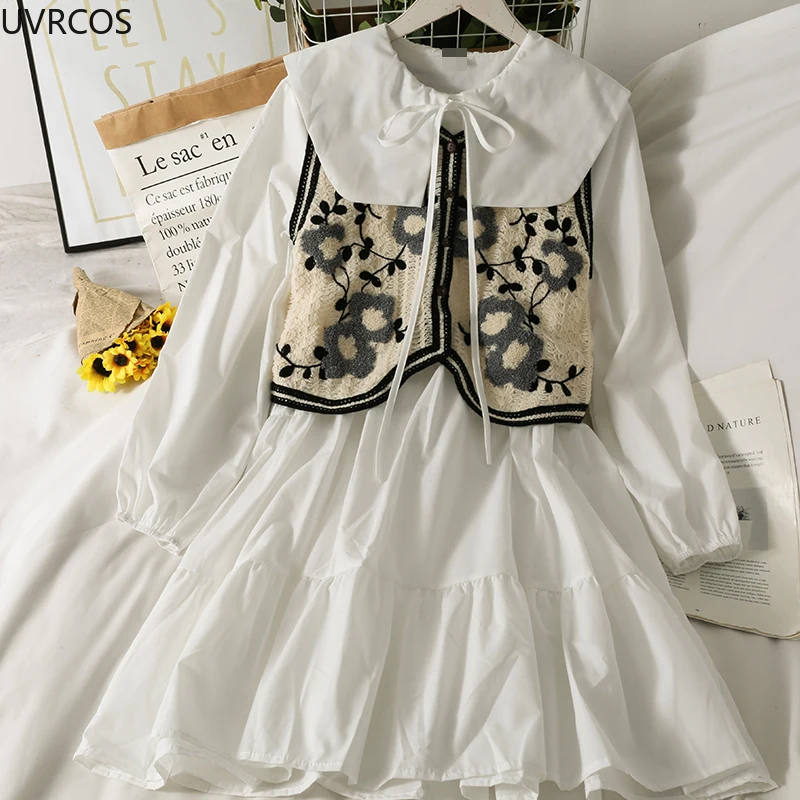 

Womens Spring Autumn Dress Set Sweet Embroidery Knit Vest and Long Sleeve Mini Skirt Suit with Vest For Women Two Piece Sets New