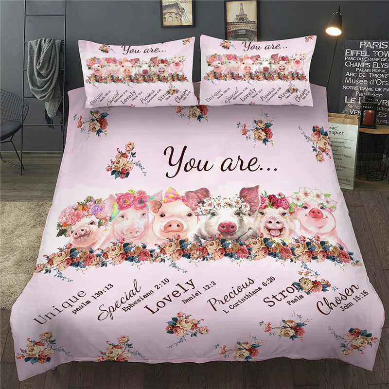 

3D Printed Duvet Cover Set Pink Pigs With Flowers Queen King Bedding Set Single Double Twin Bedclothes Cover For Child Girl