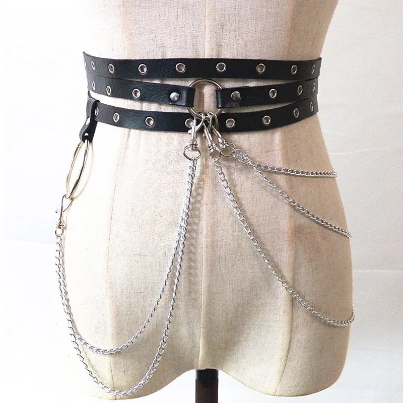 Fashion Women Gothic Punk Waist Belt Chain Metal Large O Ring Metal Pin Buckle Leather Black Waistband Jeans Dress Waist Belts