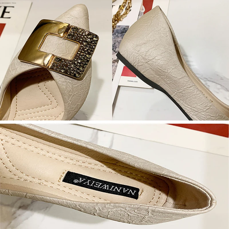 

Metal Decoration Pleated Pointed Toe PU Patent Leather Rhinestone Non-Slip Mules Shoes Soft Bottom Flats Casual Office Shoes