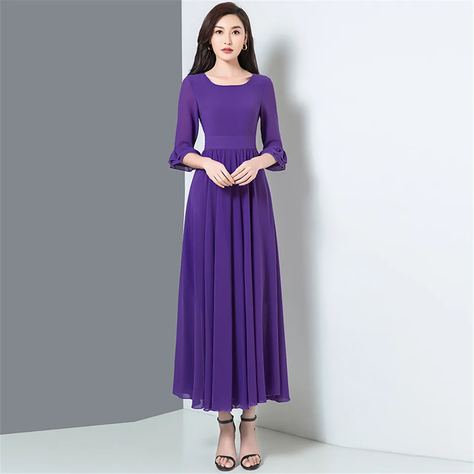 

Elegant Solid Dress Women Summer Chiffon Office Lady Beach Dresses Vestidos Autumn Retro Casual Pleated Dress Female