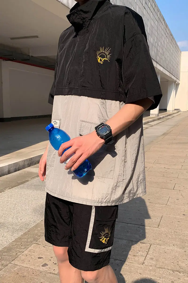 

2020 Summer New Youth Popular Color Matching Simple Printed Short-sleeved Shirt Loose Shorts Men's Plus Size Sports Suit