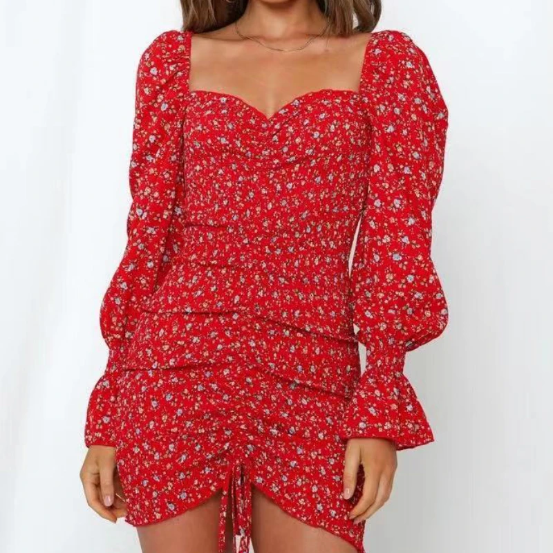 

New Arriving Women Square Neck Floral Print Dress Long Sleeve Pink Bodycon Mini Dress Boho Holiday Dress Fashion Clothes