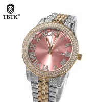 tbtk luxury wrist wacth big pink dial full iced out two tone quartz clock business waterproof watches for men women