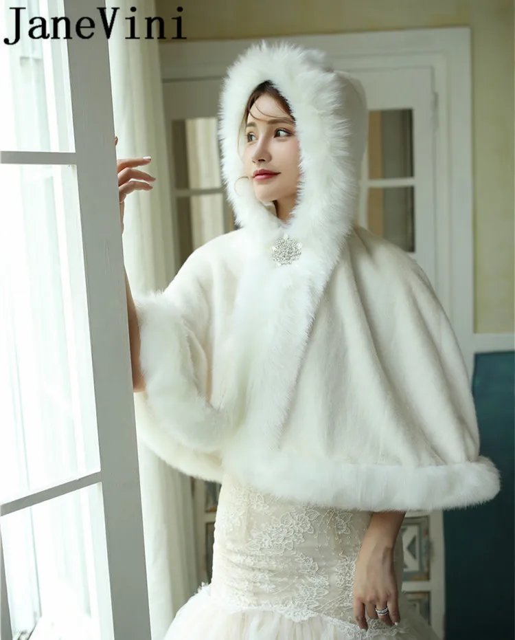 JaneVini свадебное пальто накидки невесты с капюшоном Осень зима 2020 шуба из