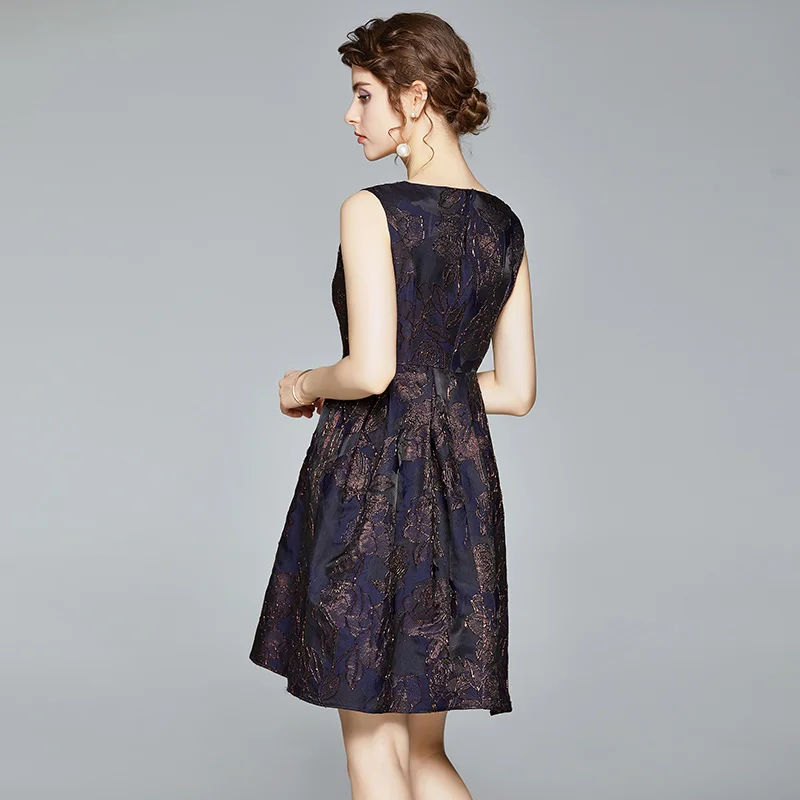 

COIGARSAM Vintage Women dress New High Waist Dresses Blue 1114