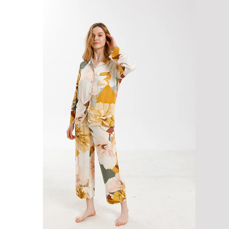 2019 женские пижамы элегантные атласные с длинными рукавами принтом чернил