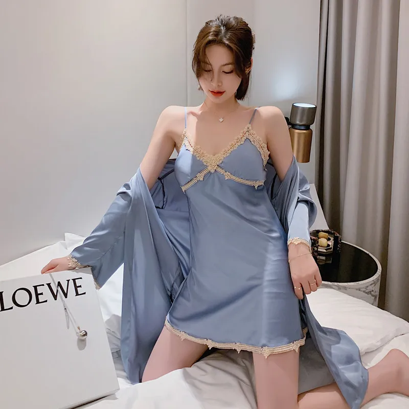 

2020 spring and autumn simple satin pajamas female chiffon sling sexy thin net red home service