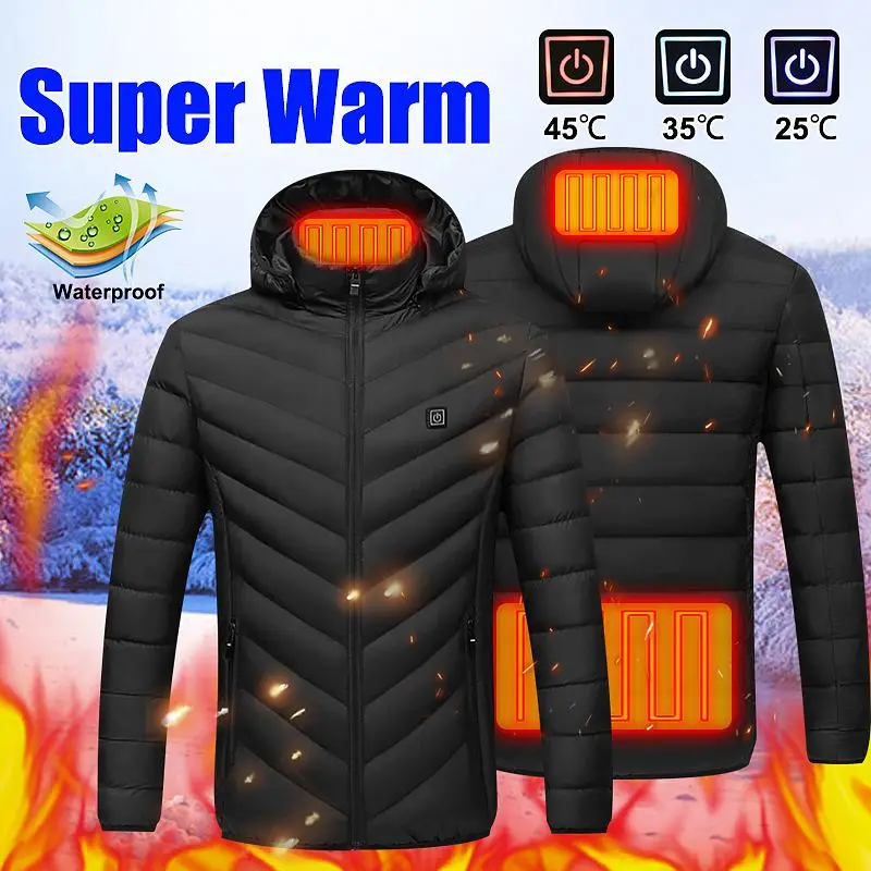 

USB Heating Jackets Men Winter Heated Vest Jacket Waterproof Hooded Cotton Coat Super Warm Outdoor Camping Hiking Heated Jacket
