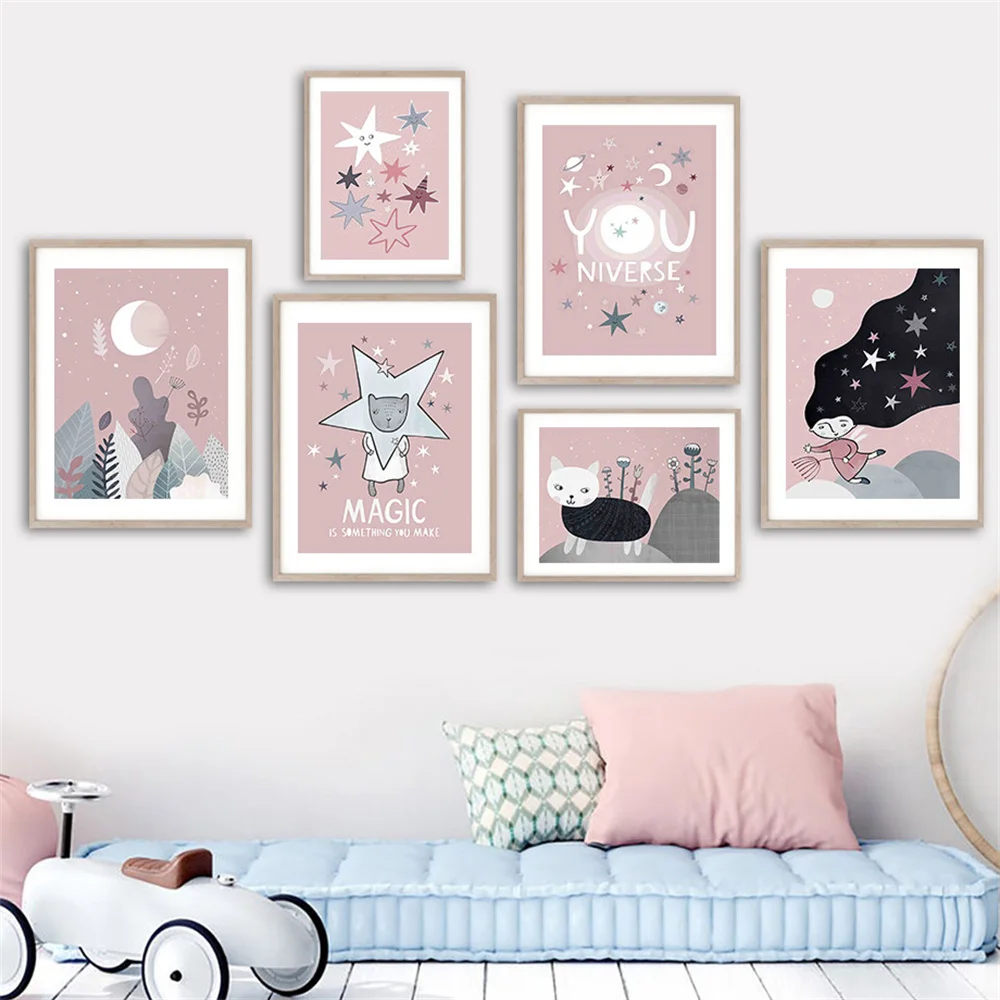 Девушка овечка цветок лист луна звезда цитаты мультфильм настенная Картина на