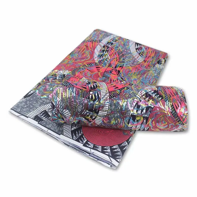 

High Quality African Wax Fabric Full Sequin Embroidery African Wax Fabrics 6 Yards Ankara wax Nigerian 100% Cotton Fabric F5-14